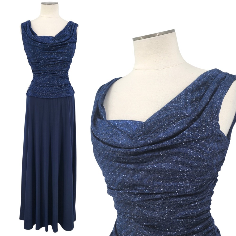 R&M Richards Formal Gown Glitter‎ Dress Maxi Wedding Blue Drape Romantic Size 6